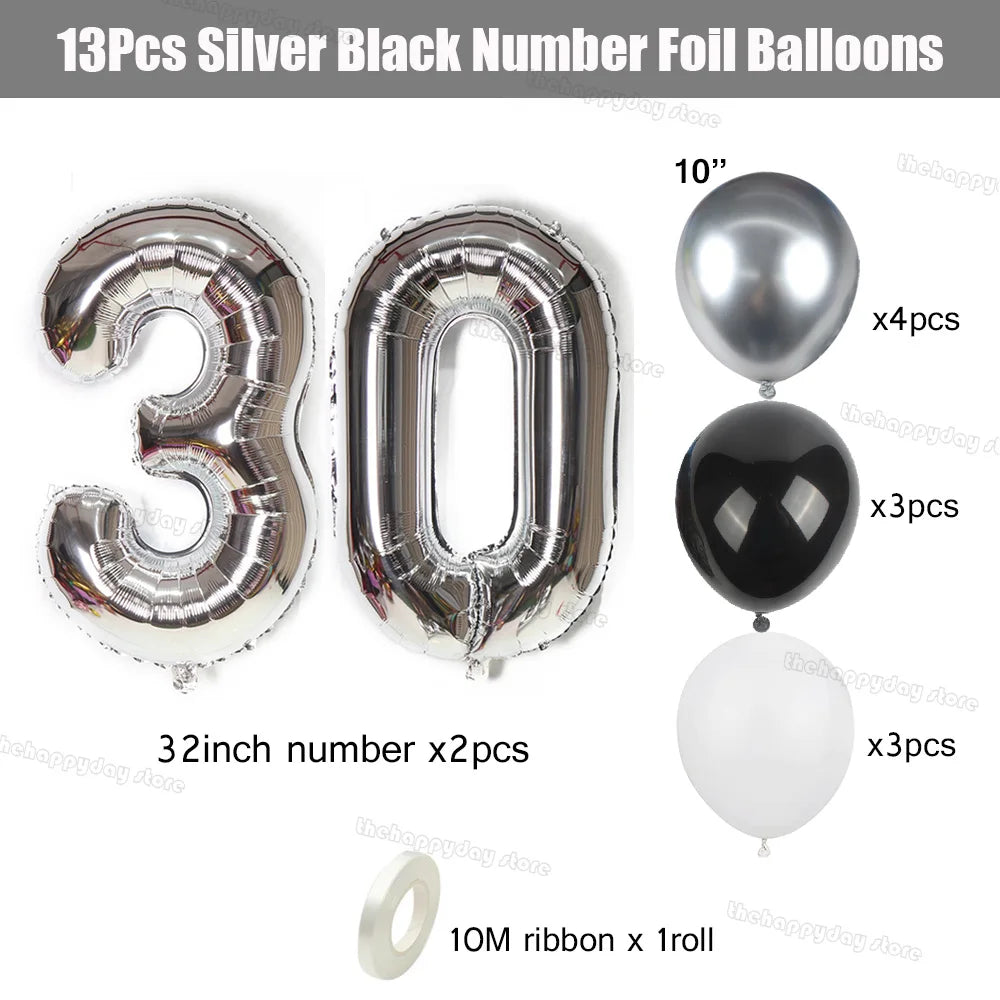 Silver and black number foil balloons including 10 inch, 32 inch, and white balloons with ribbon