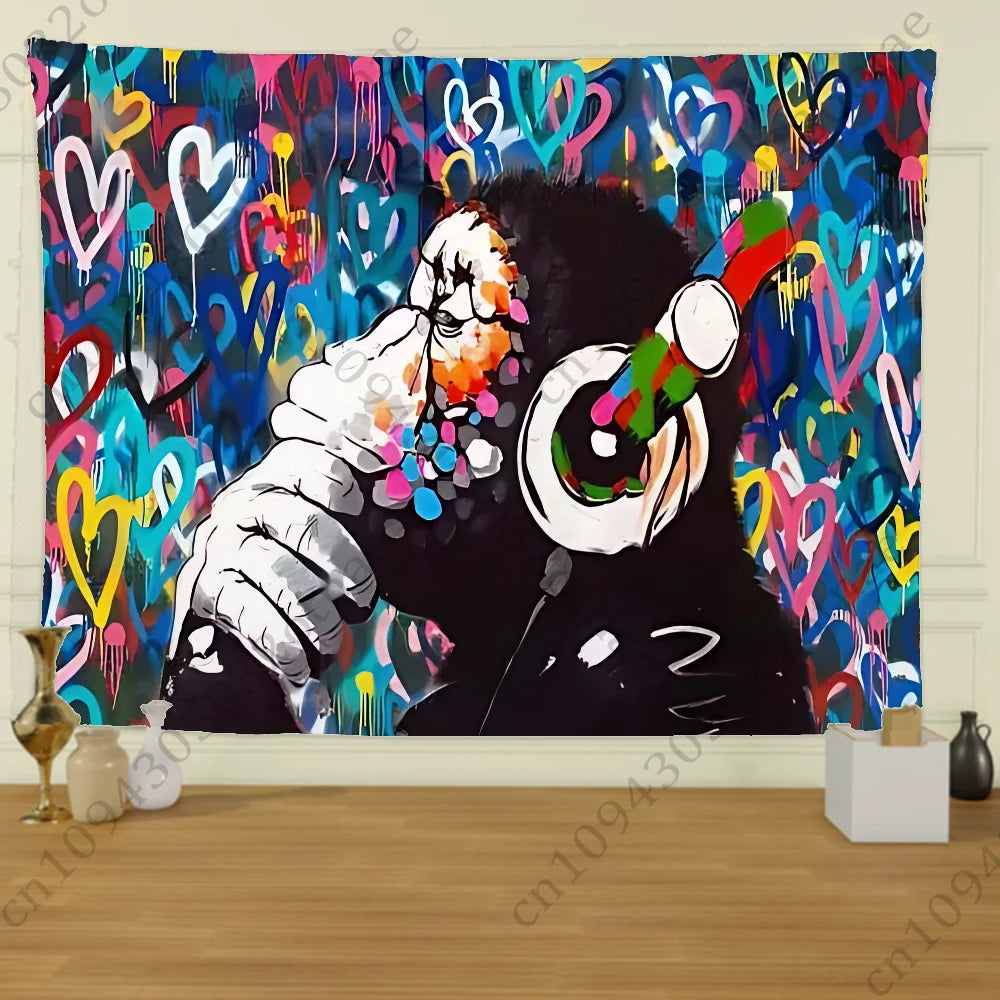 A vibrant tapestry featuring Banksy-inspired street graffiti art with colorful paint splatters and a hand gesture.