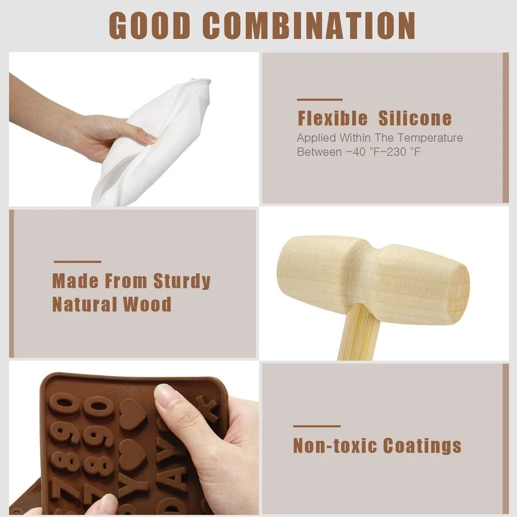 A set of heart-shaped silicone chocolate molds with letters and numbers, demonstrating flexible silicone and non-toxic coatin