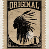 A vintage postage stamp design featuring a silhouette of a Native American-style headdress and the number 1.