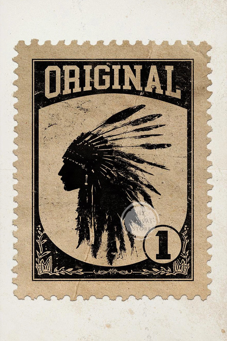 A vintage postage stamp design featuring a silhouette of a Native American-style headdress and the number 1.