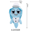 A light blue plush toy resembling a cartoon character with large eyes and a white hat.