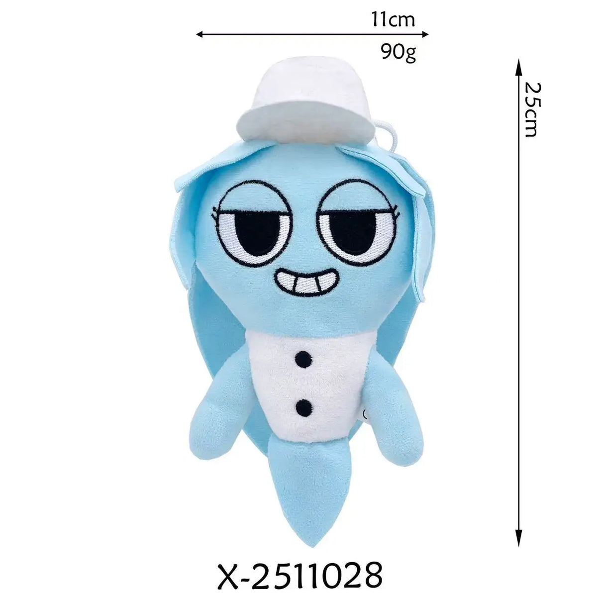 A light blue plush toy resembling a cartoon character with large eyes and a white hat.