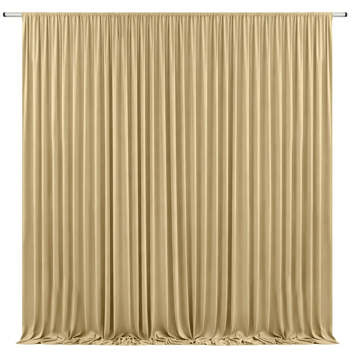 A floor-to-ceiling beige pleated drapery backdrop used for weddings and parties.