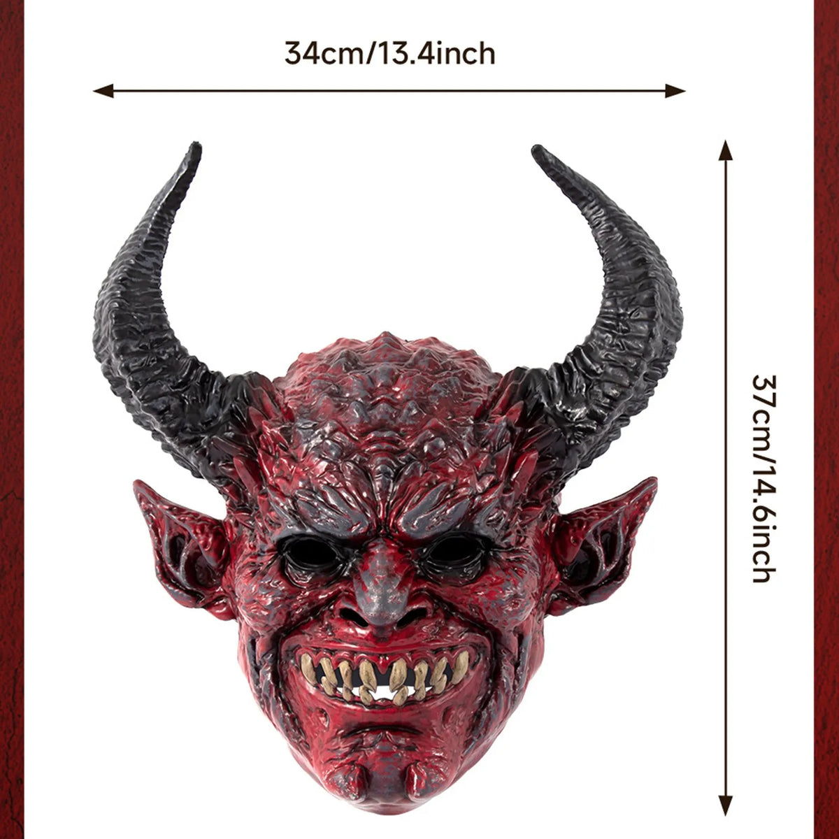 A realistic devil head mask with horns and a fierce expression, colored deep red and black.