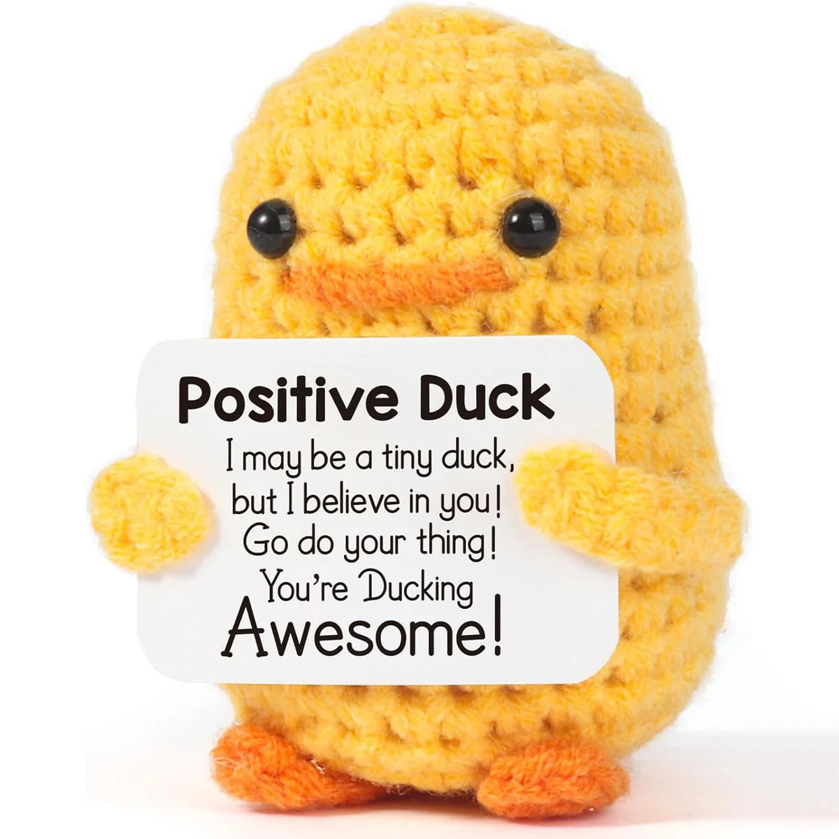 Handmade knitted yellow duck plush toy with an inspirational card