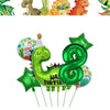 Green foil balloon shaped like a dinosaur celebrating a birthday party