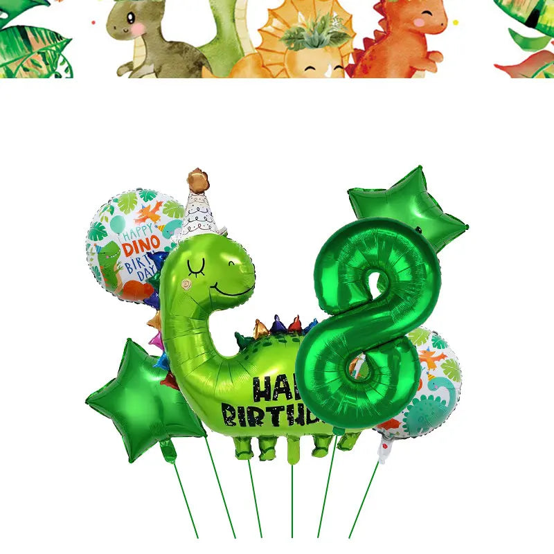 Green foil balloon shaped like a dinosaur celebrating a birthday party