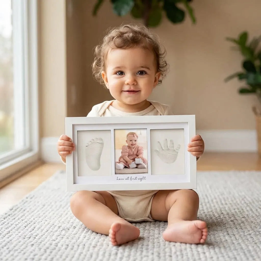 A baby is holding a white frame containing her handprint and footprint, sitting on a light rug.