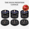 A set of three High Priestess tarot candles in black tins with crystal stones, including a quantity box.