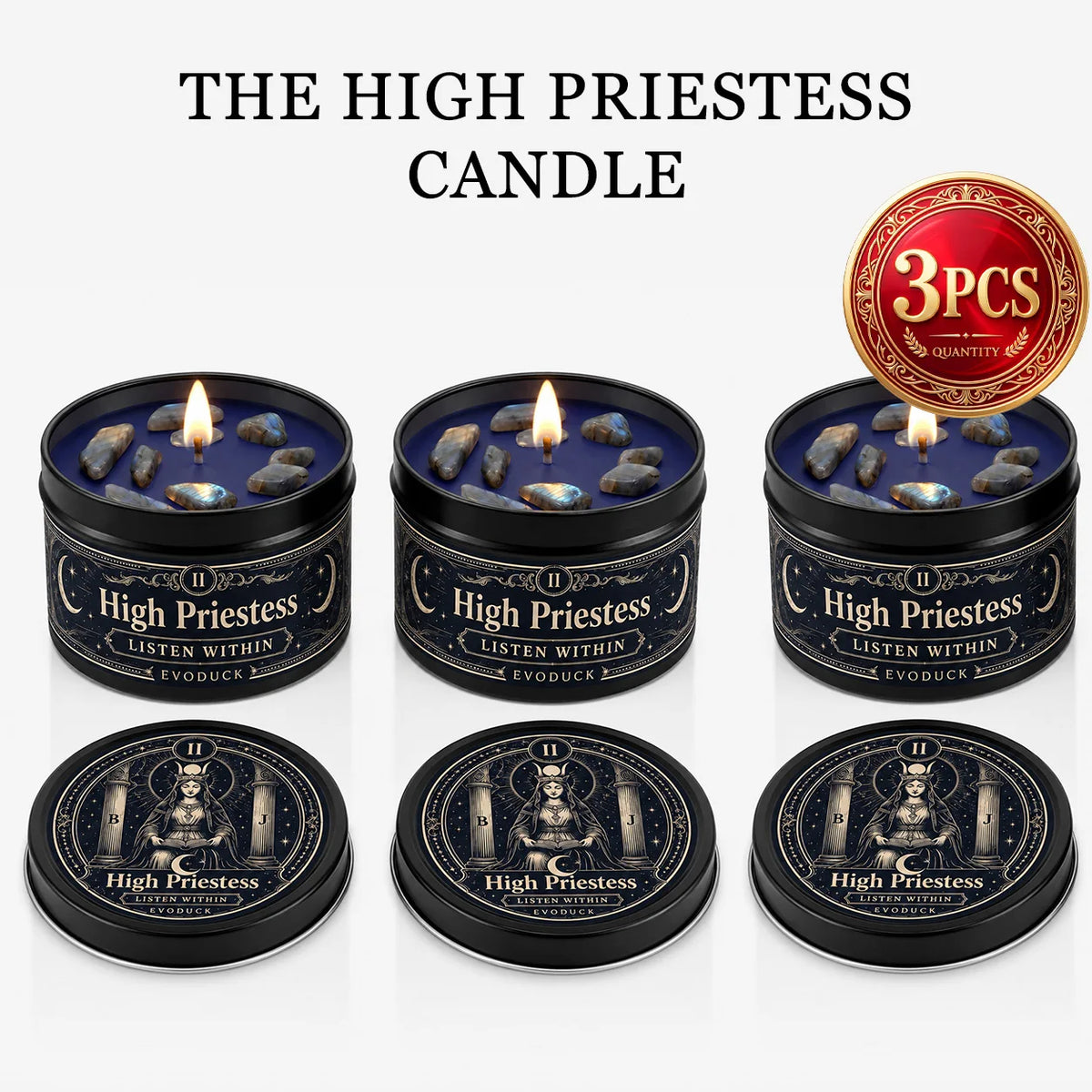 A set of three High Priestess tarot candles in black tins with crystal stones, including a quantity box.