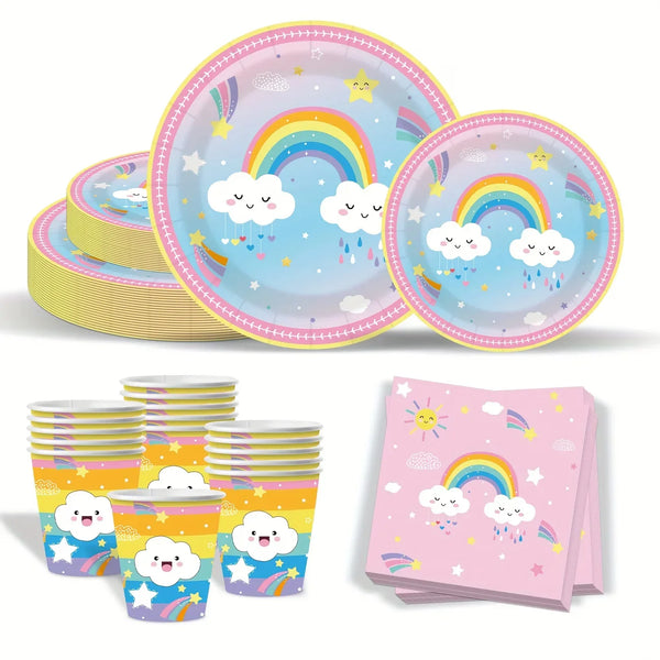 A set of colorful disposable paper plates, cups, and napkins featuring rainbows and clouds for a party theme.