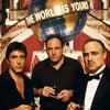 Three men pose in front of a large globe with the text The World Is Yours, featuring a canvas wall art style.