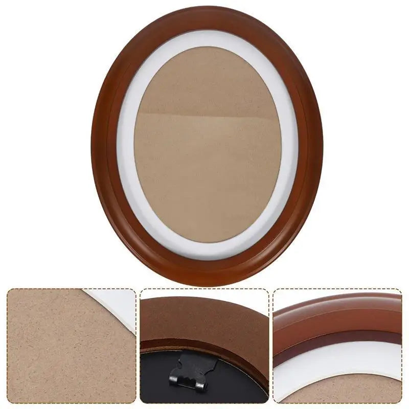 An elegant oval wooden wall photo frame with a light brown insert and a dark brown border.