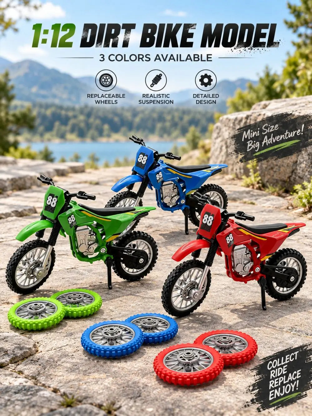 A collection of three 1:12 dirt bike models in green, blue, and red with spare wheels displayed on a stone surface.