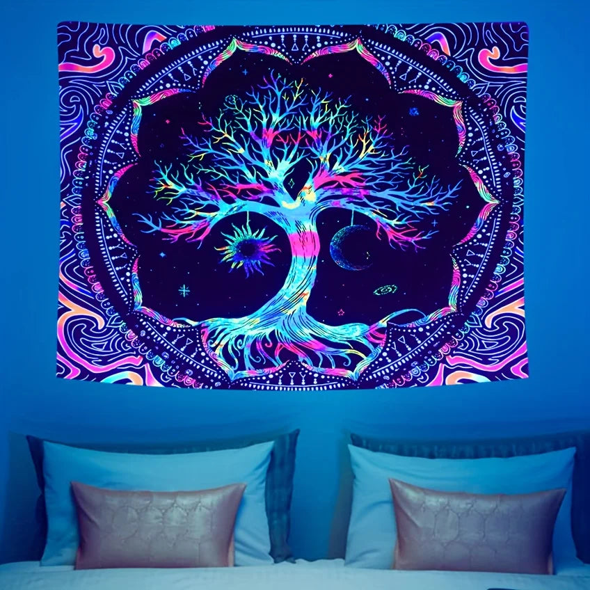 A vibrant tapestry featuring a glowing tree of life against a cosmic galaxy background.