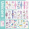 A set of 12 sheets of glitter unicorn temporary tattoos for kids featuring various unicorn designs and colors.