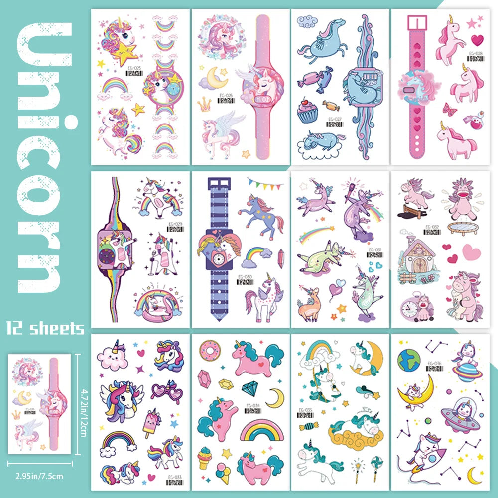 A set of 12 sheets of glitter unicorn temporary tattoos for kids featuring various unicorn designs and colors.