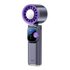 A handheld ice fan with a purple grille and a digital display showing 19.9 degrees.
