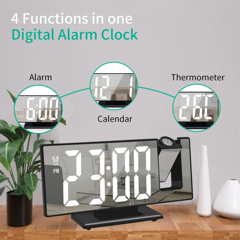 A digital projection alarm clock displaying time, calendar, and thermometer functions.
