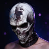 A realistic skull balaclava mask with dark shading and cracks is displayed against a dark background.