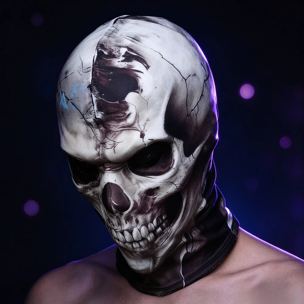 A realistic skull balaclava mask with dark shading and cracks is displayed against a dark background.