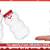 A hand holds a clear glass bottle shaped like a snowman with a red lid, demonstrating the size of the festive candy jars.