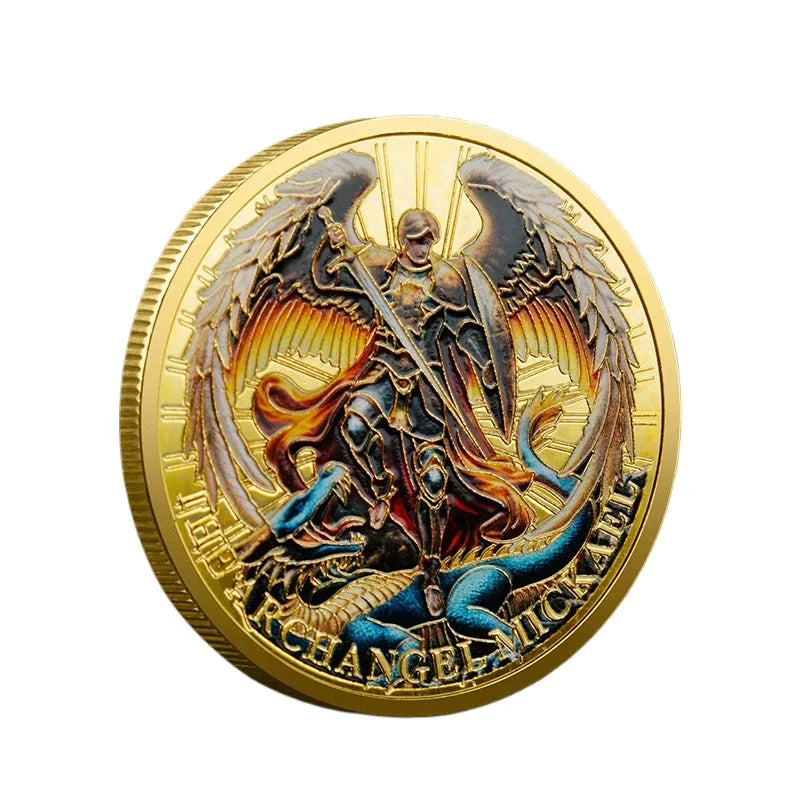 Gold-plated collectible coin featuring the Archangel Michael with wings and a sword.