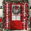 A festive Christmas door banner featuring a red door decorated with a wreath and holiday greetings on plaid fabric.