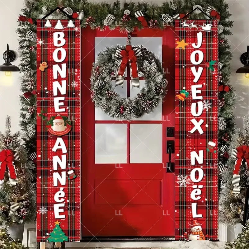 A festive Christmas door banner featuring a red door decorated with a wreath and holiday greetings on plaid fabric.