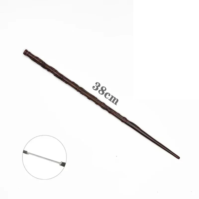 A long, dark brown metal magic wand with a pointed tip, shown next to a measurement marker.
