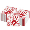 A stack of red paper napkins featuring a blood-like handprint design.