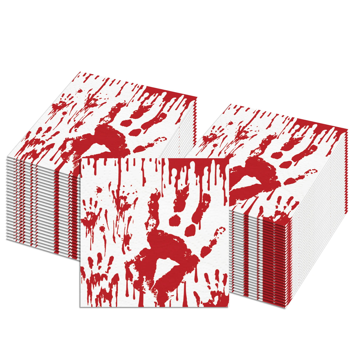 A stack of red paper napkins featuring a blood-like handprint design.