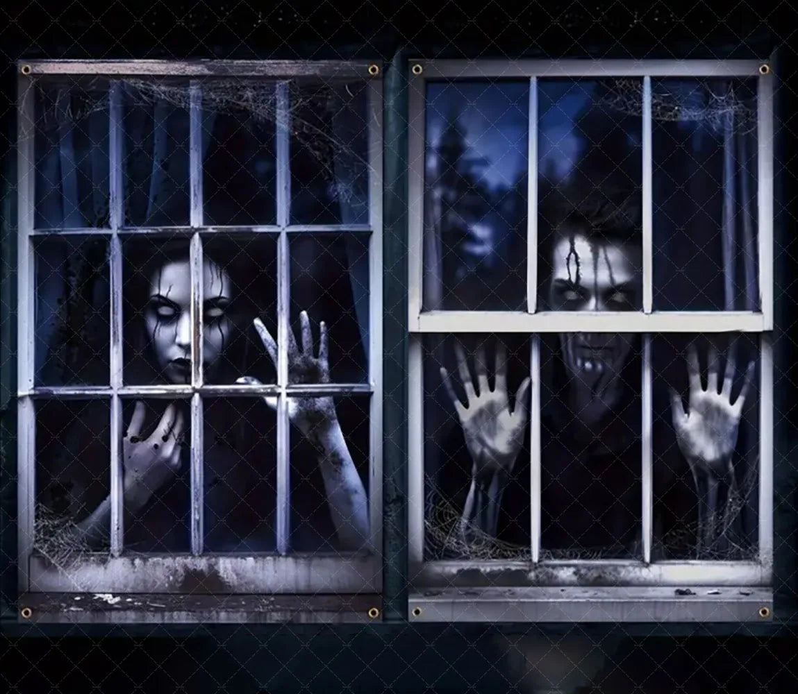 A dark window banner featuring two faces peering through glass, suggesting a scary Halloween theme.