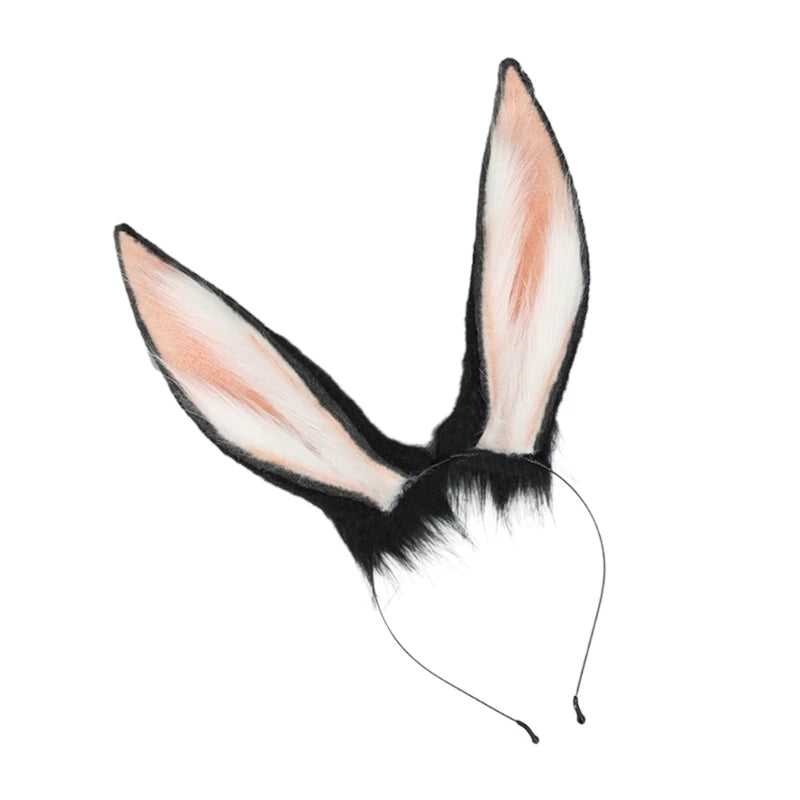 A pair of realistic fox ears with black and white fur attached to a headband.