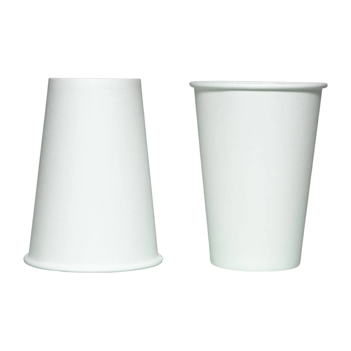 A pair of white reusable disposable paper cups shown side by side.