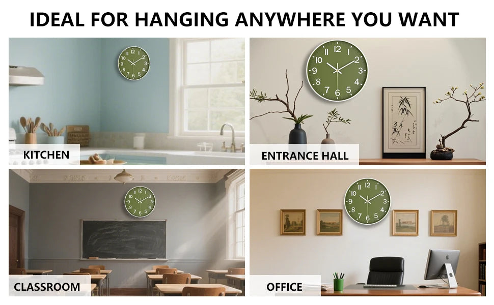 A collection of images showing a minimalist green wall clock hanging in various indoor settings like a kitchen, entrance hall