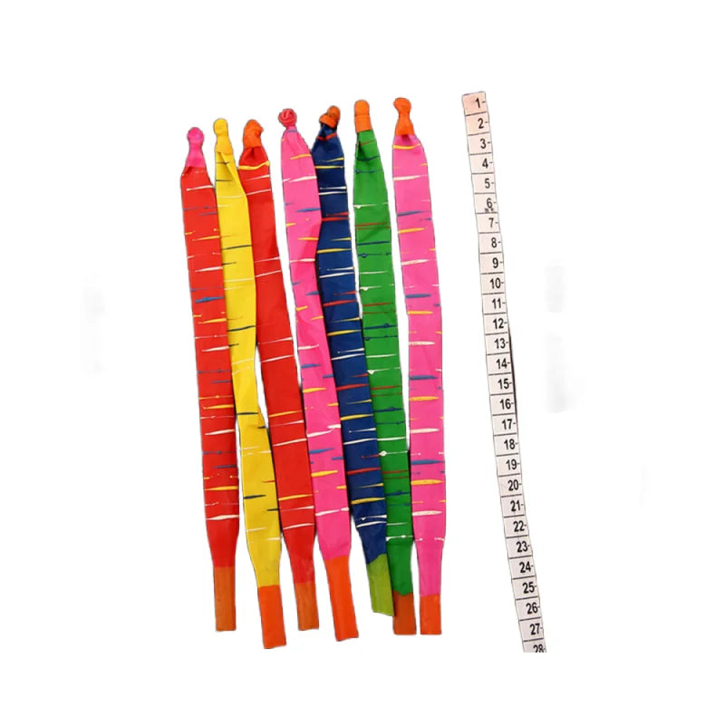 A collection of latex rocket balloons in various colors, including orange, yellow, pink, blue, and green.