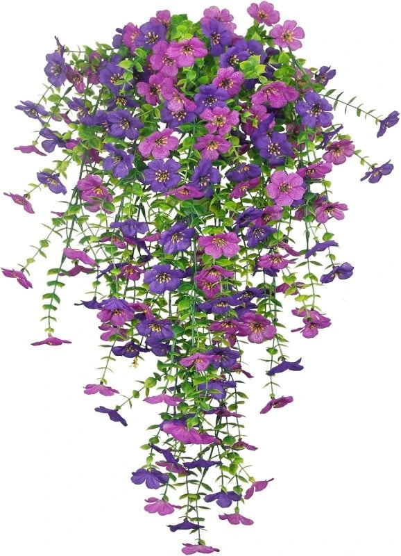Vigne de gloire artificielle en rotin, avec des fleurs violettes et roses, pour décoration intérieure ou extérieure.