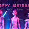 Three stylized female characters in fantasy witch hunter attire posing for a birthday backdrop