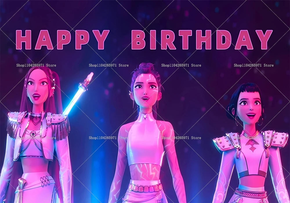Three stylized female characters in fantasy witch hunter attire posing for a birthday backdrop