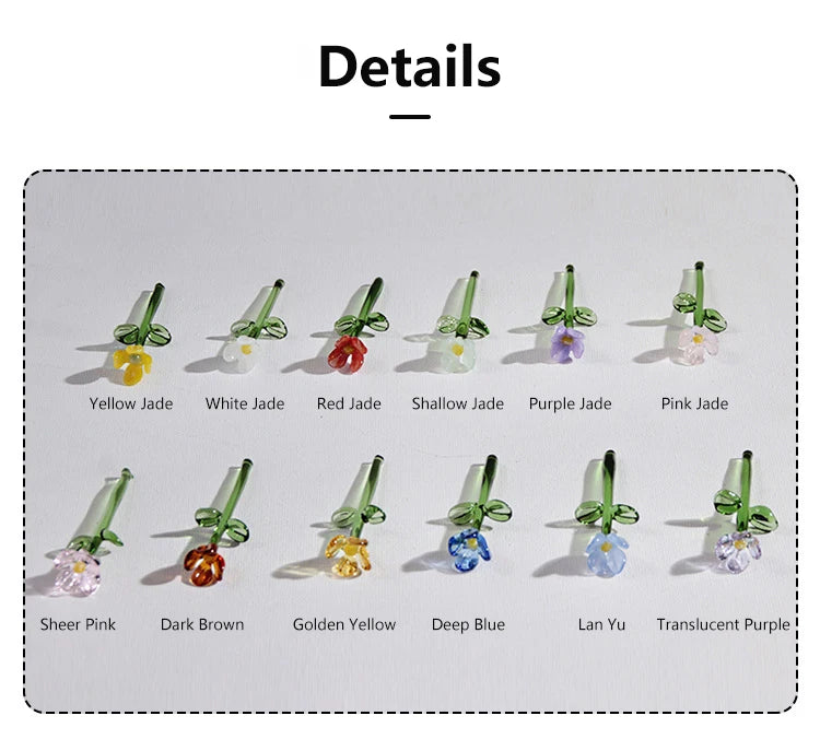 A collection of handmade glass flowers in various shades including Jade, Pink, and Blue, displayed on a white background.