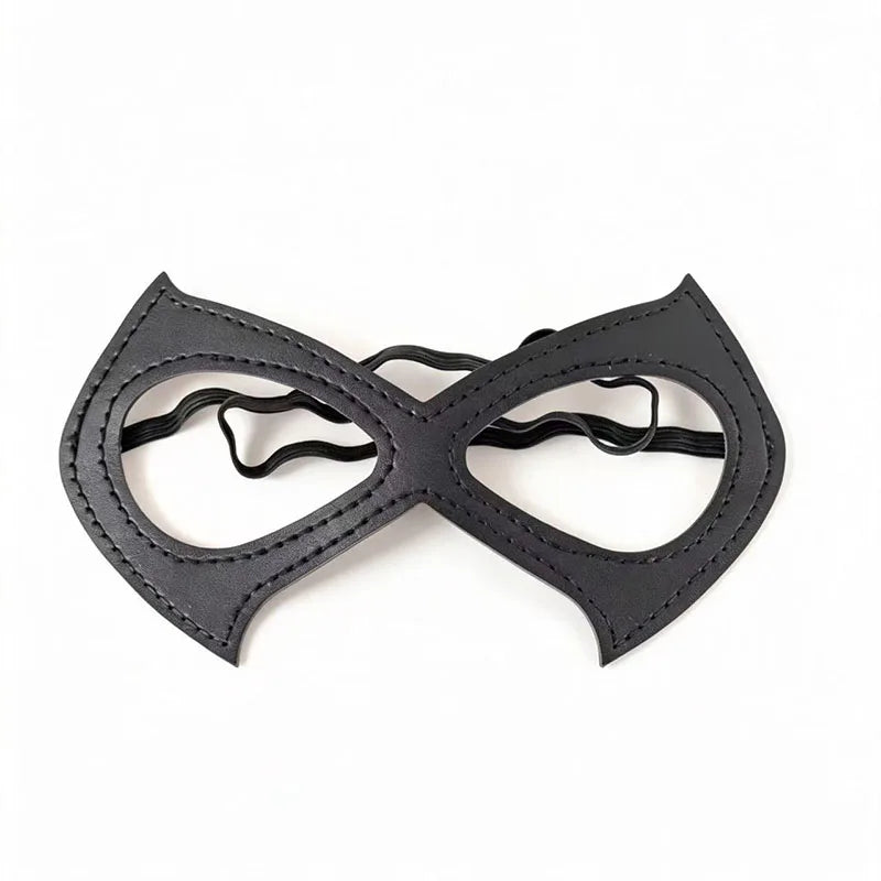 Black adjustable PU leather cat eye masquerade mask with a decorative bow detail