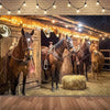 A horse standing in a wooden barn setting with hay and rustic lighting for a birthday backdrop.