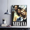 A framed poster featuring the band Nirvana with three male figures in a grunge style.