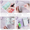 A four-step guide showing how to use an A6 leather cash envelope binder for budgeting and saving.