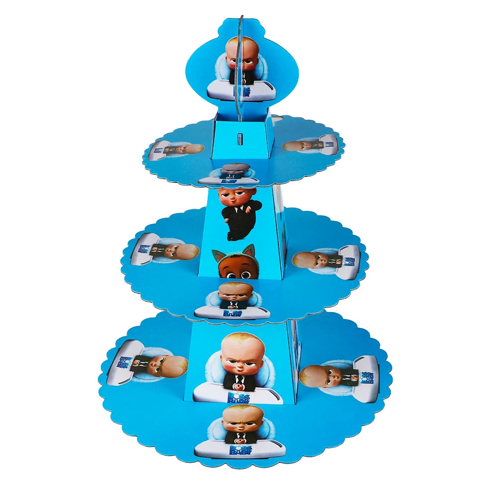 A set of blue baby boss themed party decorations and disposable tableware featuring various baby figures.