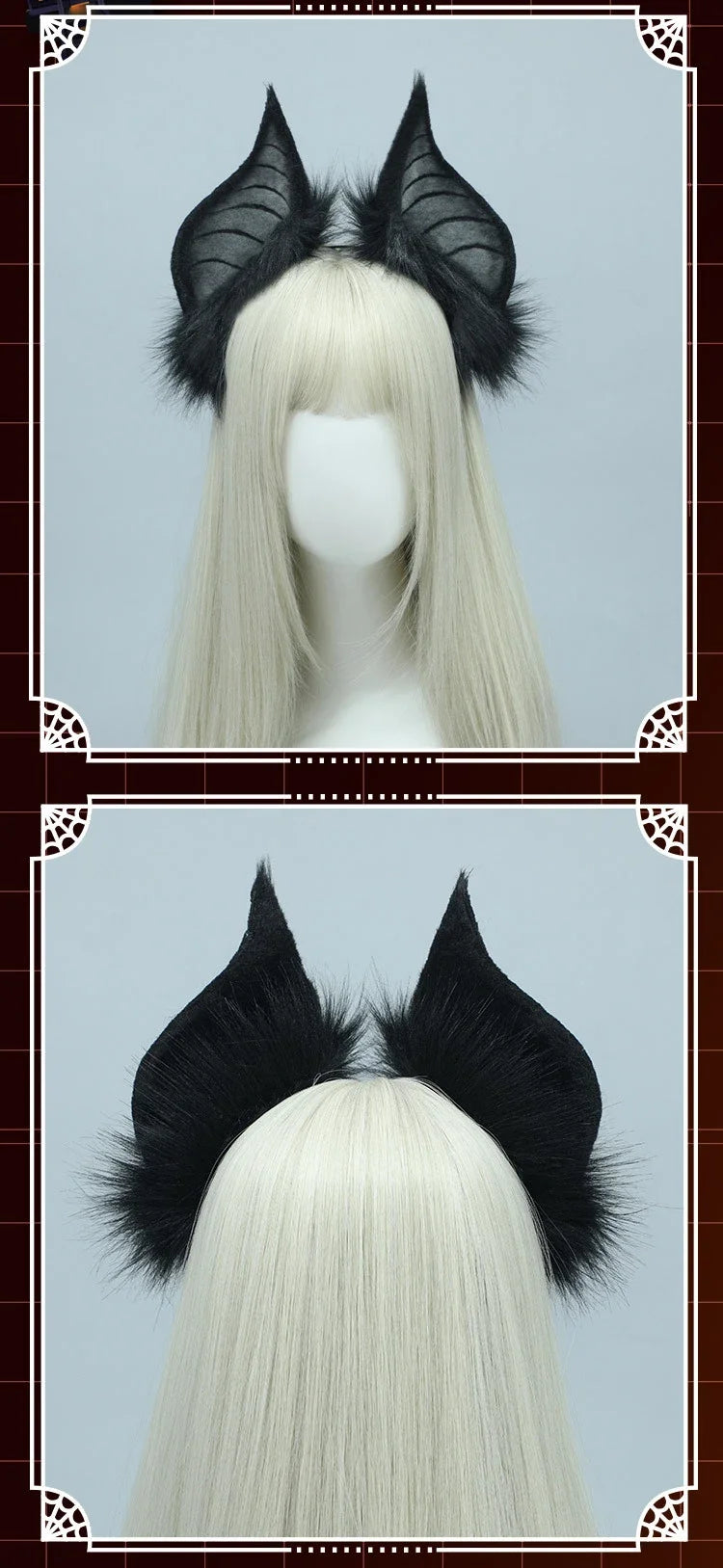 A close-up of a black bat simulation headpiece with feathery ears worn on a light blonde wig.