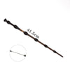 A long, dark brown metal-resin magic wand with decorative carvings and a small section shown in detail.