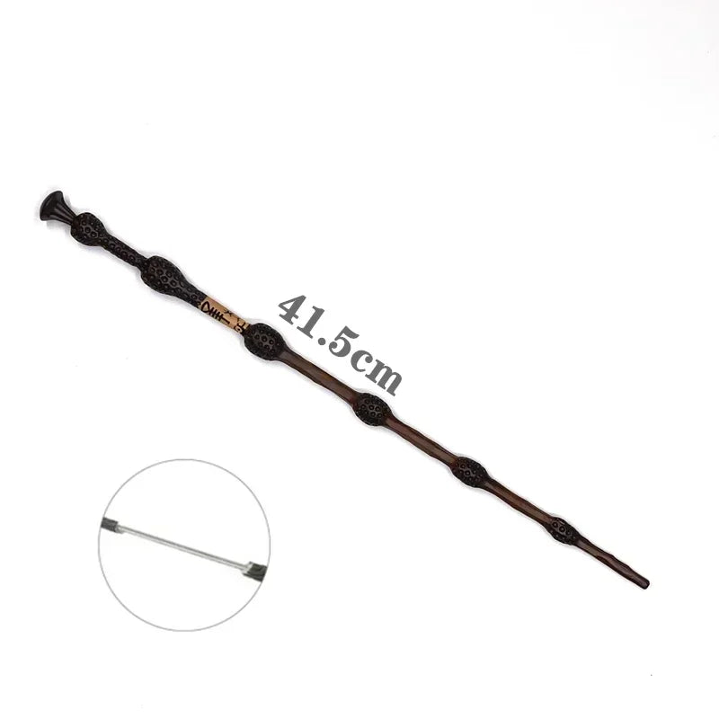 A long, dark brown metal-resin magic wand with decorative carvings and a small section shown in detail.